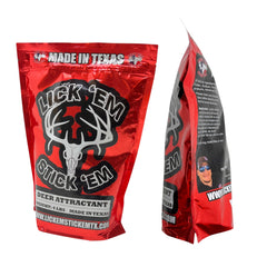 Lick Em Stick Em attractant powder being poured into feeder, scent enticing deer.