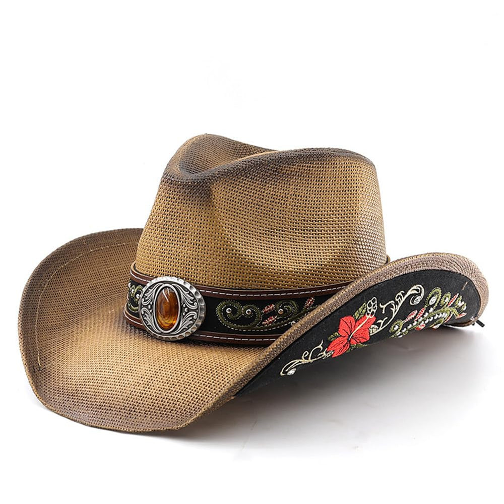 LIDHAY brown woven straw cowboy hat with embroidered band, front view