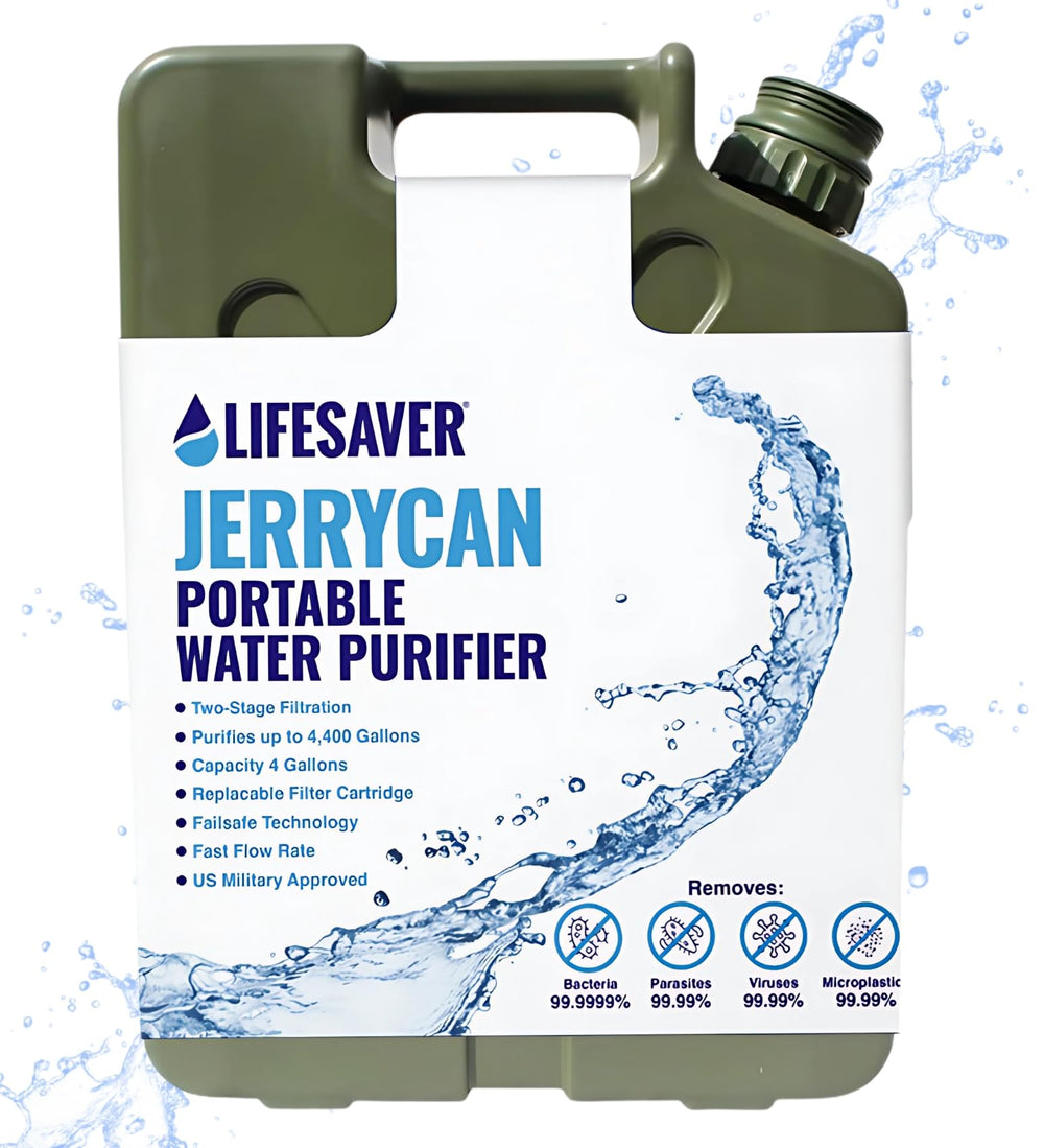 Lifesaver Jerrycan water purifier filled for clean drinking water on the go.