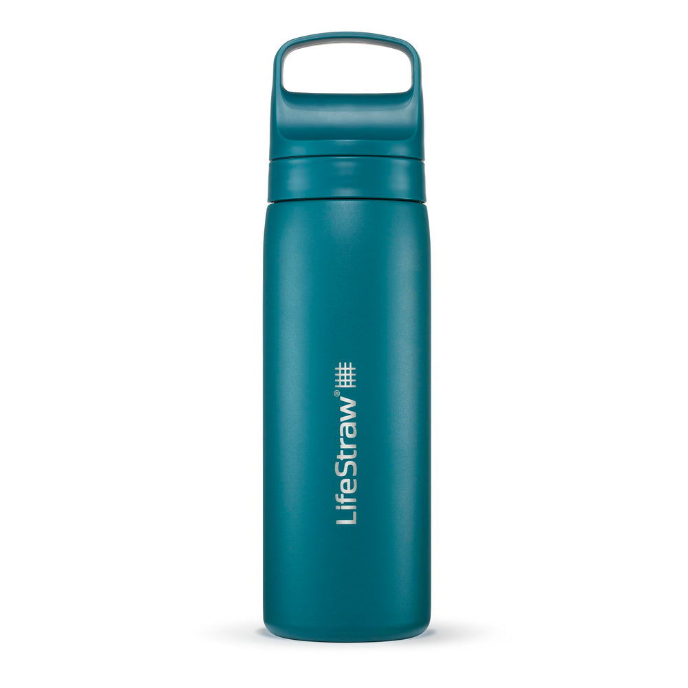 LifeStraw Go Laguna Teal bottle front view, travel-ready insulated design for safer hydration.