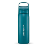 LifeStraw Go Laguna Teal bottle front view, travel-ready insulated design for safer hydration.