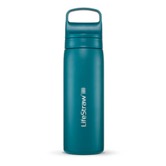 LifeStraw Go Laguna Teal bottle front view, travel-ready insulated design for safer hydration.