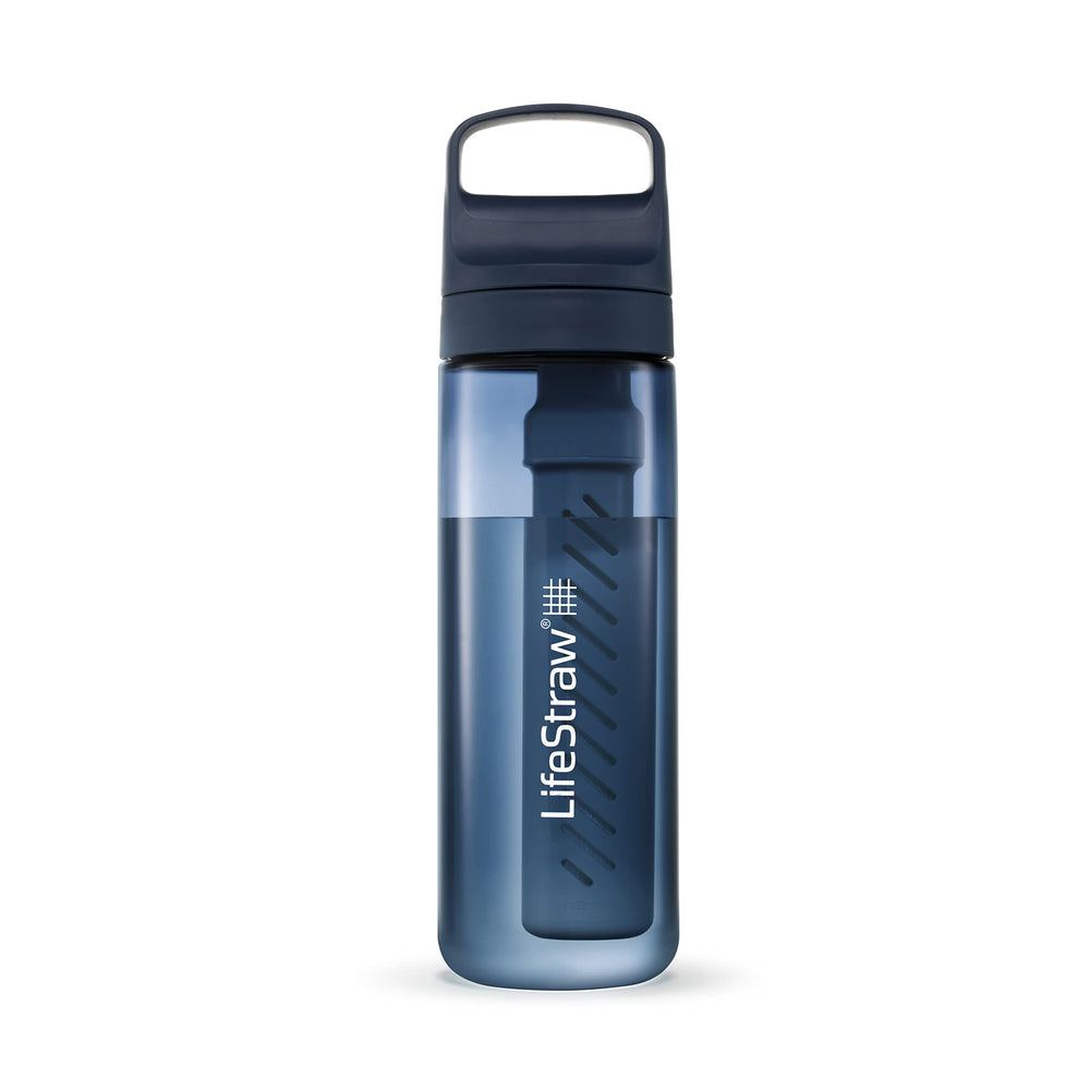 LifeStraw Go Series bottle in Aegean Sea, front view for safer on-the-go hydration.