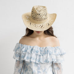 Lifup straw cowboy hat beige wide brim shading face and neck