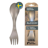 Light My Fire titanium spork with spoon focus, showcasing lightweight, reusable camping utensil.