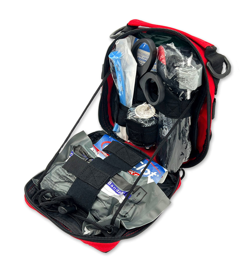 Lightning X Premium IFAK kit in red MOLLE pouch for field readiness.
