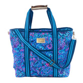 Lilly Pulitzer Blue Picnic Beach Cooler front view shows Soleil It On Me print, ideal for beach outings.