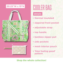 Lilly Pulitzer cooler with adjustable strap ready for travel and errands