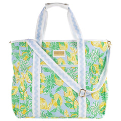Lilly Pulitzer yellow picnic cooler close-up shows vibrant print and sturdy zipper for easy access.