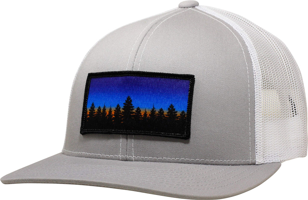 LINDO Trucker Hat Tree Line Sunset Silver White - front view