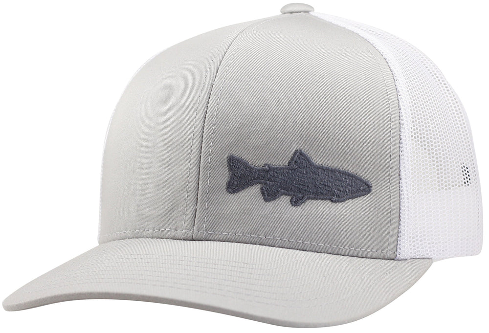 LINDO Trucker Hat Trout Fishing 2.0 front view in silver and white for outdoor versatility.
