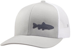 LINDO Trucker Hat Trout Fishing 2.0 front view in silver and white for outdoor versatility.