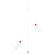 Lindy Old Guide's Secret Perch Rig Ruby Red close-up of hooks and beads for better bait attraction