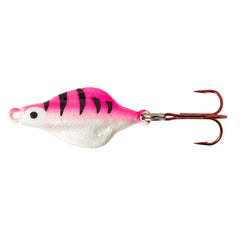 Lindy Rattl'n Flyer Spoon Pink Tiger Glow for ice fishing with rattling sound and lifelike pattern