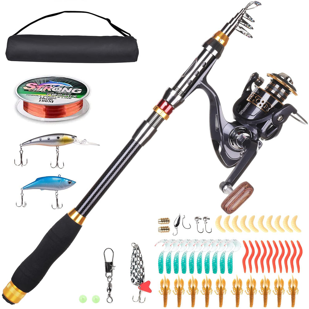 LineRike carbon fiber telescopic fishing rod and spinning reel kit with travel bag