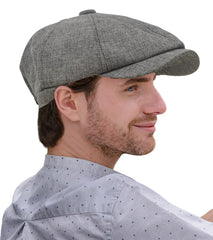 Side view of linen newsboy cap dark gray