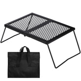 Lineslife 17-inch folding campfire grill over fire pit for outdoor cooking.