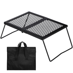 Lineslife 17-inch folding campfire grill over fire pit for outdoor cooking.