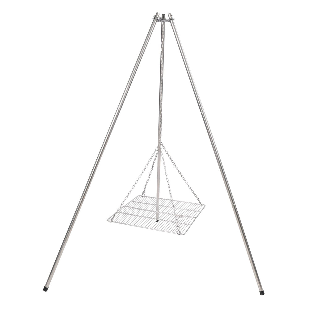 Lineslife campfire tripod grill-stand provides stable cooking on uneven ground