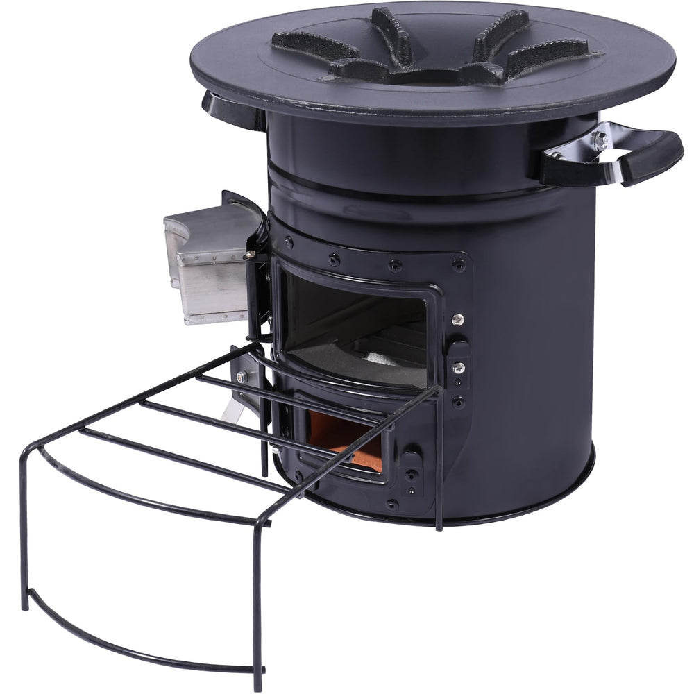 Lineslife rocket stove front view showcases durable outdoor cooking setup for camping.