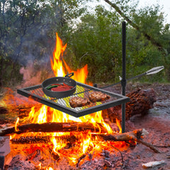 Lineslife Swivel Campfire Grill Grate front view highlights large 16.7 x 12.6 inch grilling area and build.