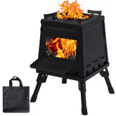 Lineslife wood-burning camp stove front view shows sturdy cast iron for rugged outdoor use