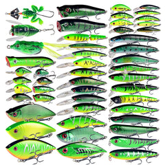 LINGYUE 50pcs bass lures set closeup with vivid colors for bass fishing.