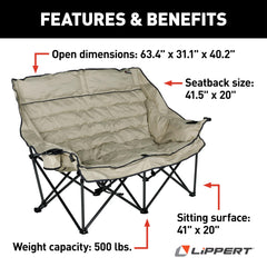 Lippert Big Bear dark grey folding loveseat closeup highlighting durable padding and cozy seating.