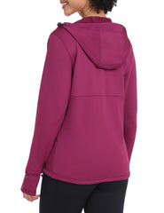 Little Donkey Andy Boysenberry fleece jacket hooded view with adjustable drawcord for wind protection