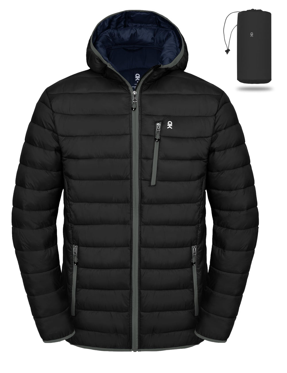 Little Donkey Andy men's packable puffer front view in black for versatile warmth.