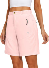 Little Donkey Andy women's 9in hiking shorts pink front view with flexible stretch