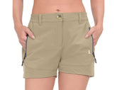 Little Donkey Andy women's shorts fabric close-up shows 4-way stretch for freedom of movement.