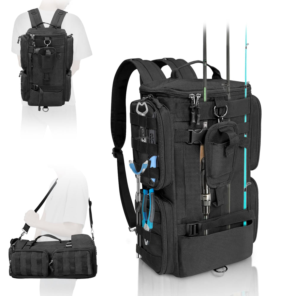 Front view of LIWSHWZ fishing tackle backpack with rod holders
