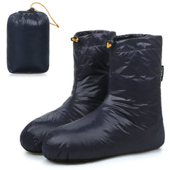 Lixada Down Booties worn at a camping site for warm, lightweight comfort.