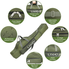 Lixada fishing rod case dual zippers enable quick gear access.
