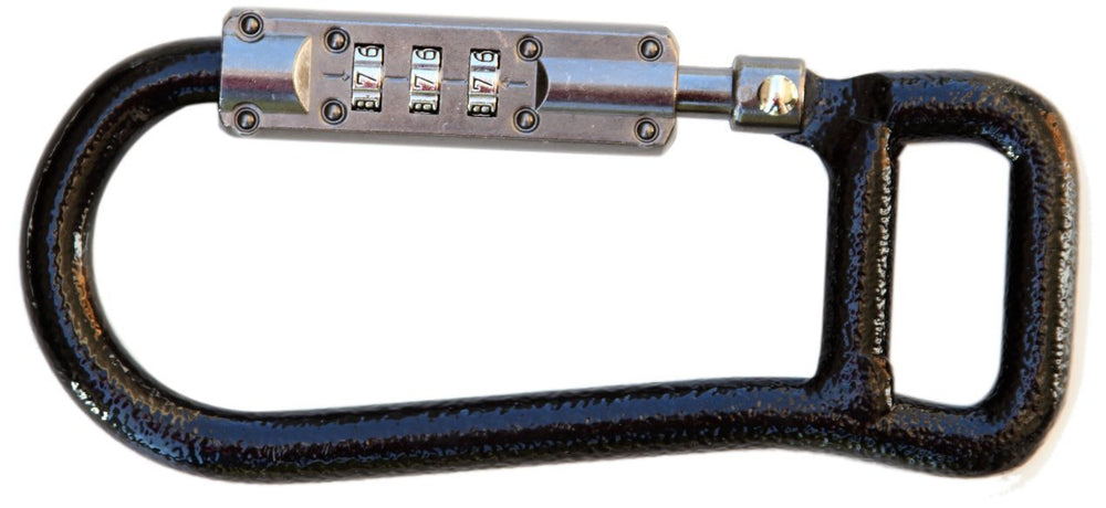 Lockstraps 801 locking carabiner in black, ideal for securing helmets and gear.