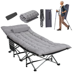 LOENIY wide folding camping cot with pillow offers portable comfort for outdoor nights.