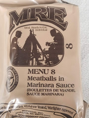 LoJo Surplus MRE meatballs in marinara, ready-to-eat for camping and emergencies.