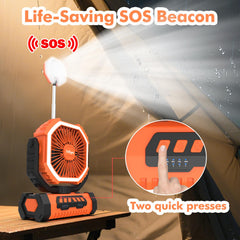 Lollyes camping fan demonstrates 360-degree oscillation for even cooling.