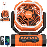 Lollyes camping fan with LED lantern, orange front view for all-night comfort and light.