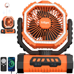 Lollyes camping fan with LED lantern, orange front view for all-night comfort and light.