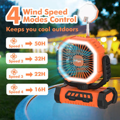 Lollyes portable fan orange 360° hook ready to hang in a tent.