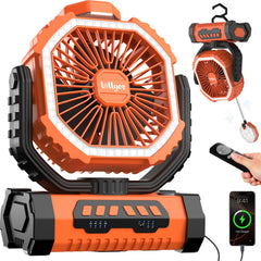Lollyes portable fan orange front view for outdoor cooling on demand.