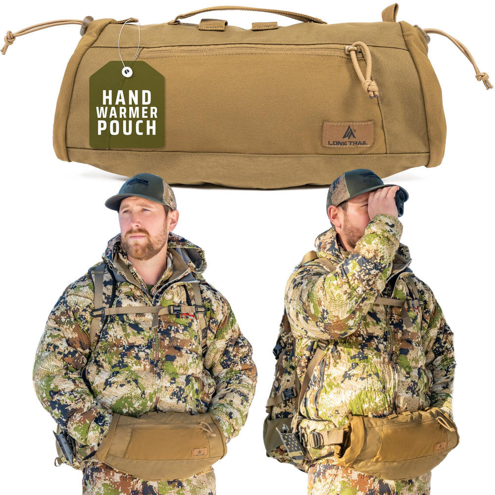 Lone Trail hunting hand warmer pouch front view shows weatherproof shell for all-day warmth.