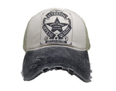 LONGTEN Vintage Denim Cap front view with cross letters and frayed edge for casual outdoor wear