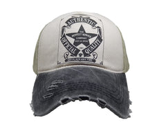 LONGTEN Vintage Denim Cap front view with cross letters and frayed edge for casual outdoor wear