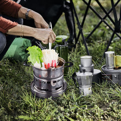 Longzhuo spirit cooker with pot pack showing complete camping kit