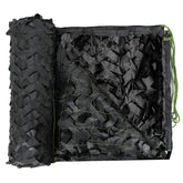 LOOGU black camouflage netting forest-scene close-up for camping concealment and outdoor privacy.