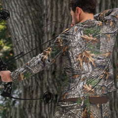 LOOGU men's hunting camo shirt side view showing comfortable fit for long treks.