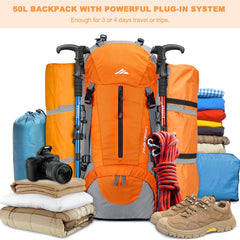 Loowoko 50L hiking backpack side view highlighting ergonomic straps for load comfort.